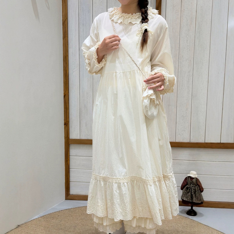 Japanese-style lace ruffle collar long-sleeve dress, sweet and fresh, elegant, loose-fitting, versatile, pure cotton, slimming, basic long dress