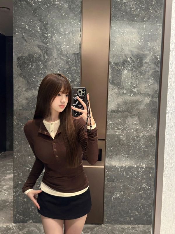 咖色假两件打底衫长袖t恤女春秋2025新款修身显瘦设计感小众上衣|undefined