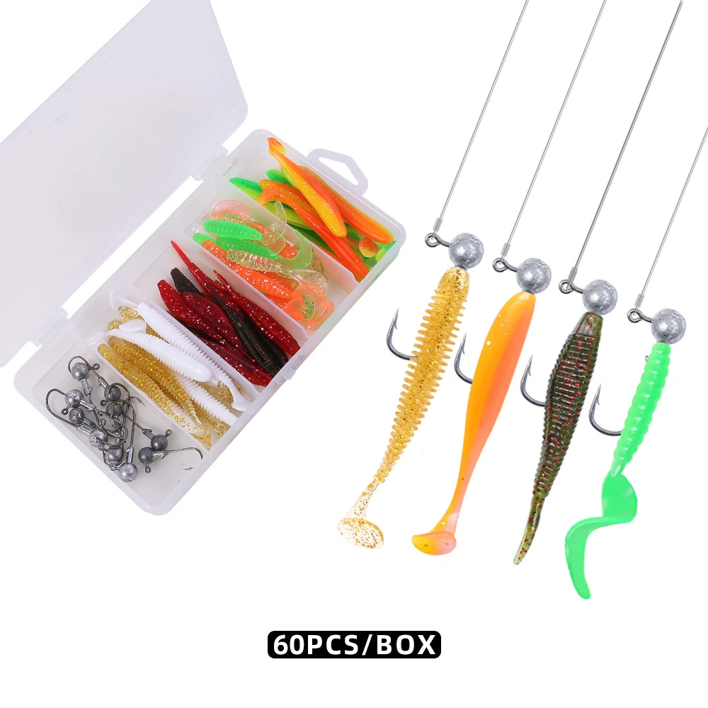Luya 60 шт./коробка мягкие приманки с Т-образным хвостом, игольчатым хвостом и вьющимся хвостом, с грузилом и крючком, набор для рыбалки, снасти и аксессуары.