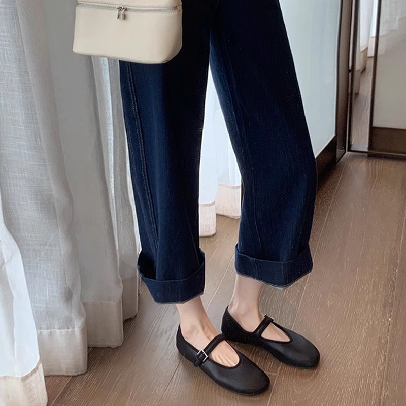 Grape Mom primavera nuevo estilo de punta redonda estilo simple hebilla de una palabra piel de oveja parte inferior blanda boca baja Mary Jane zapatos planos mujer