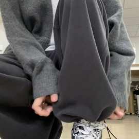 灰色运动裤女春秋2025新款高腰宽松束脚直筒休闲卫裤小个子阔腿裤