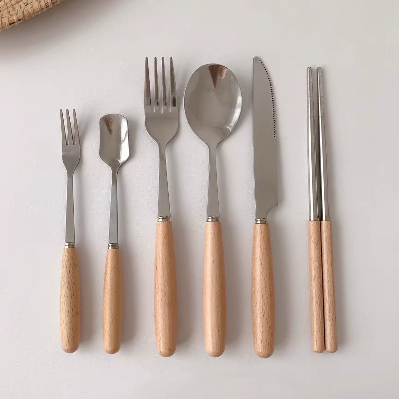 学生木柄ステンレスナイフフォーク食器セットステーキデザートインスタ风长柄箸フォークスプーンセット|undefined