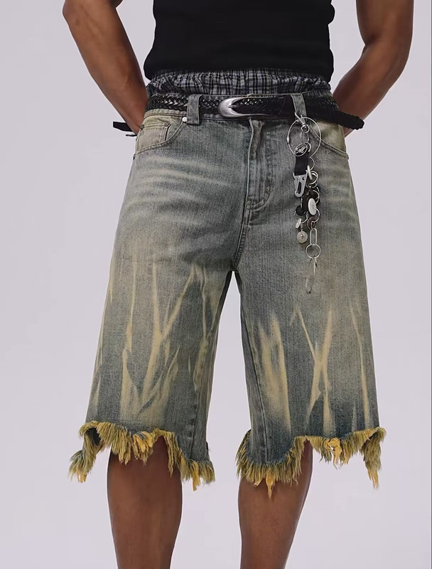 2025 Summer American Trendy Brand Brushed Yellow Mud Dyed Washed Distressed Denim Shorts Loose Cropped Pants Trendy