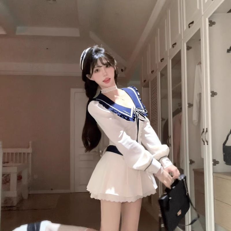 Nautical Dreamer Autumn College Style Slimming Design Long Sleeve Dress Sweet Navy Collar Short Skirt Set Nautical Dreamer Autumn College Style Slimming Design Long Sleeve Dress Sweet Navy Collar Short Skirt Set