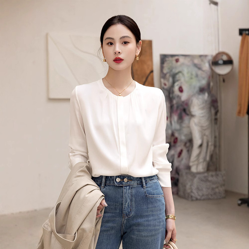 Endi High-End Satin Round-Neck Mulberry Silk Shirt for Women 2026 Spring New Style Pleated Silk Long-Sleeved Top