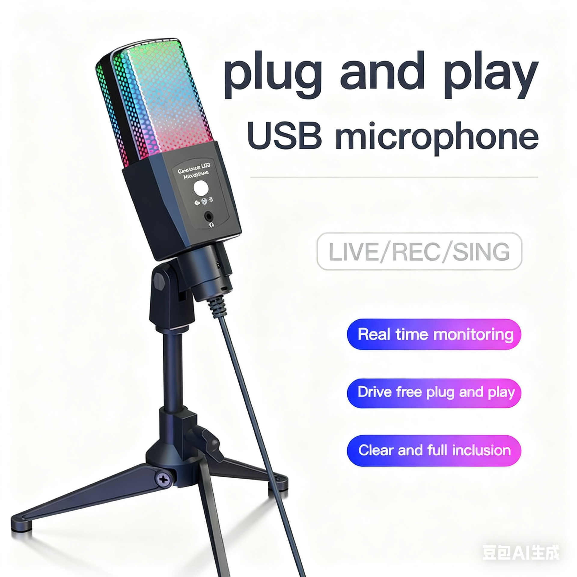 Computer Condenser Microphone Plug and Play Rgb with Sound Card Variable Sound USB Game Karaoke Live Recording Singing Microphone