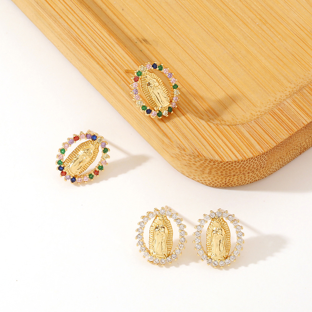 fashion retro religious pattern geometric diamond copper stud earrings