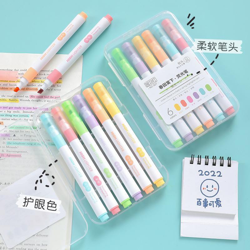 Soft Head Eye Protection Fluorescent Pen Light Color Student High Beauty Diary Marker Pen Large Capacity Oblique Head Box Pack Marker Pen 