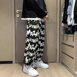 炸街男潮牌春夏季字母宽松大码ins美式满印直筒休闲裤嘻哈裤子潮