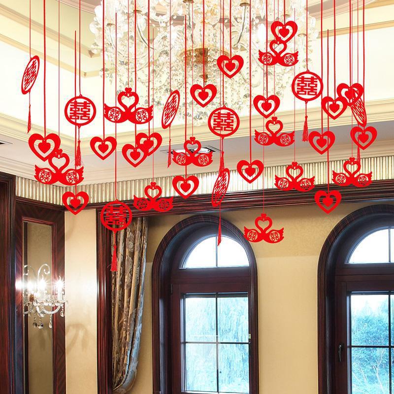 Marriage celebration supplies, flower garlands, colorful ribbons, new house, wedding room decoration, creative wedding ideas, non-woven cloth auspicious character hanging decorations