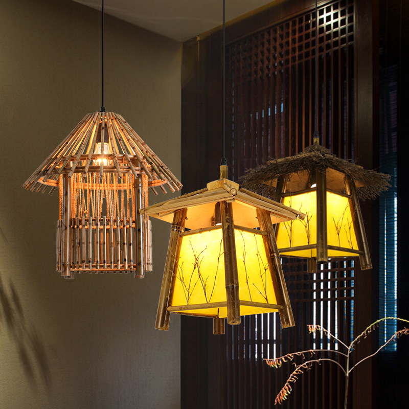 Casa araña lámpara de bambú retro creativo restaurante pasillo balcón Pabellón B & B Tea Room Inn Tienda lámparas de Bambú