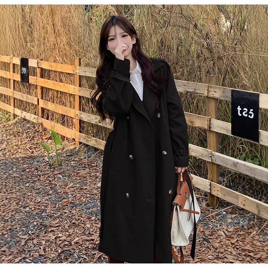 Trench coat for teens, Korean style mid‑length double‑breasted jacket, autumn, khaki and black