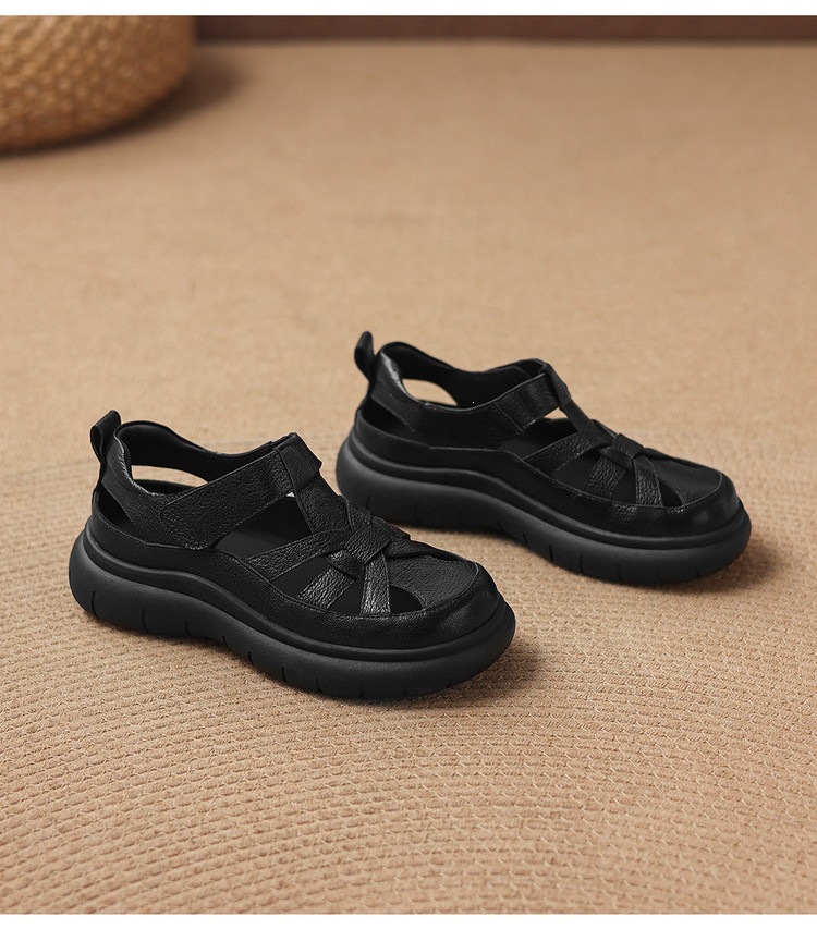 Sandal nữ đế dày da cừu phối quai ngang phong cách học đường — màu đen, màu trắng ngà chi tiết 14