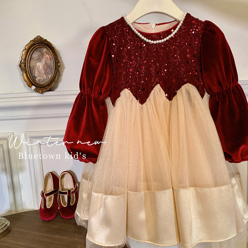 Girls' Dresses Autumn and Winter 2024 New Style Dresses Girls' Velvet Thickened Princess Dresses Puffy Gauze Skirts