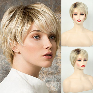 Wig wigs foreign trade European and American new short hair light Golden short straight hair dyed chemical fiber headgear Xuchang manufacturer