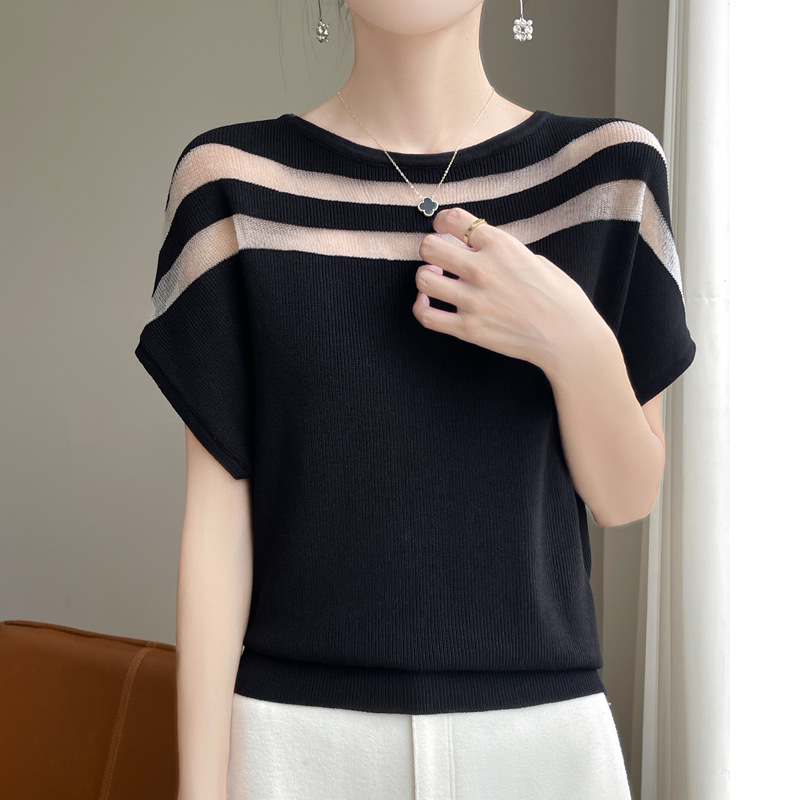 2025夏の新型欧根紗は氷の丸首のニットの半袖のtシャツの女性の薄いネットの上着の夏をつなぎ合わせます。