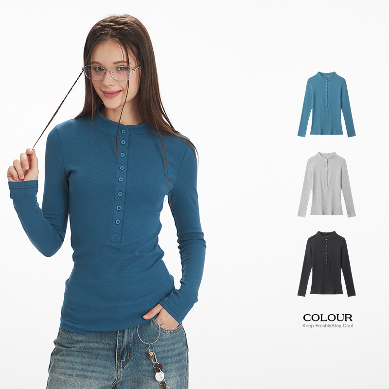 Heyhenry Henry Collar Slim Slim Long-Sleeved T-Shirt Women's Spring and Autum Inner Layering Shirt Right Shoulder Tight Top