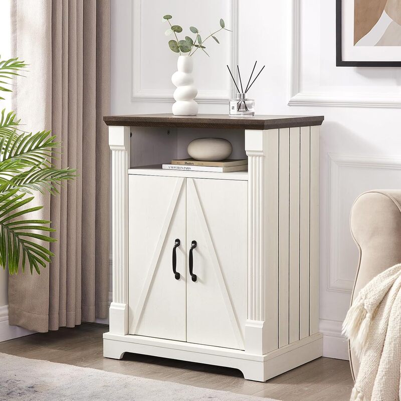 Modern Minimalist Sideboard with Two Barn Doors, White, Open Storage, Multifunctional Storage for Small Home Spaces
