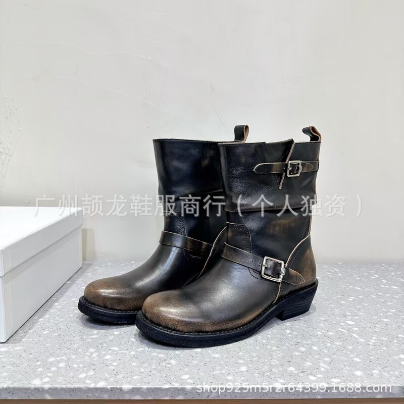 高端小众2025秋冬真皮圆头擦色复古皮带扣粗跟骑士靴中筒堆堆靴女|undefined