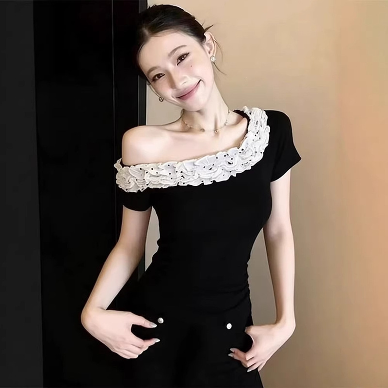 Ruffled Edge Off-Shoulder Asymmetrical Short-Sleeve T-Shirt for Women, Black Slim Fit, Summer Outerwear, Pure Desire Style, Hot Girl Top, Ins Ruffled Edge Off-Shoulder Asymmetrical Short-Sleeve T-Shirt for Women, Black Slim Fit, Summer Outerwear, Pure Desire Style, Hot Girl Top, Ins