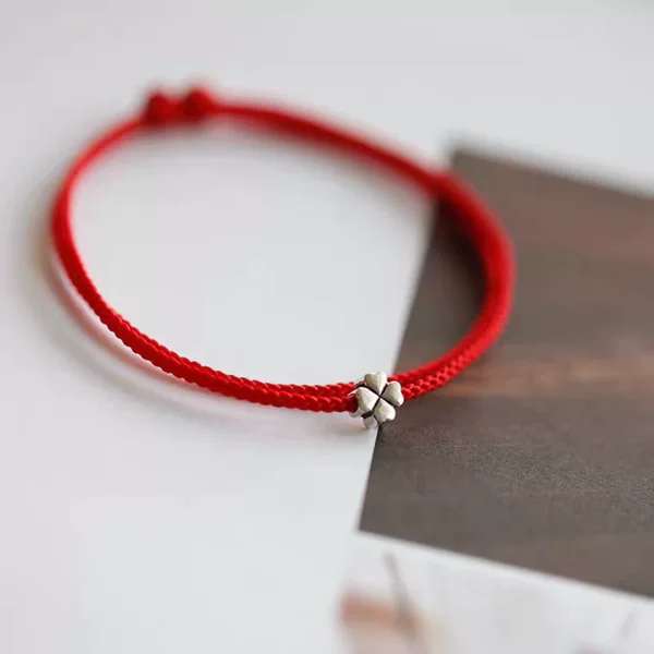 Small Lucky Red Rope Bracelet Thin Bracelet Xizang Silver Four-leaf Clover Simple Woven Women's Small Gift Tourist Souvenir