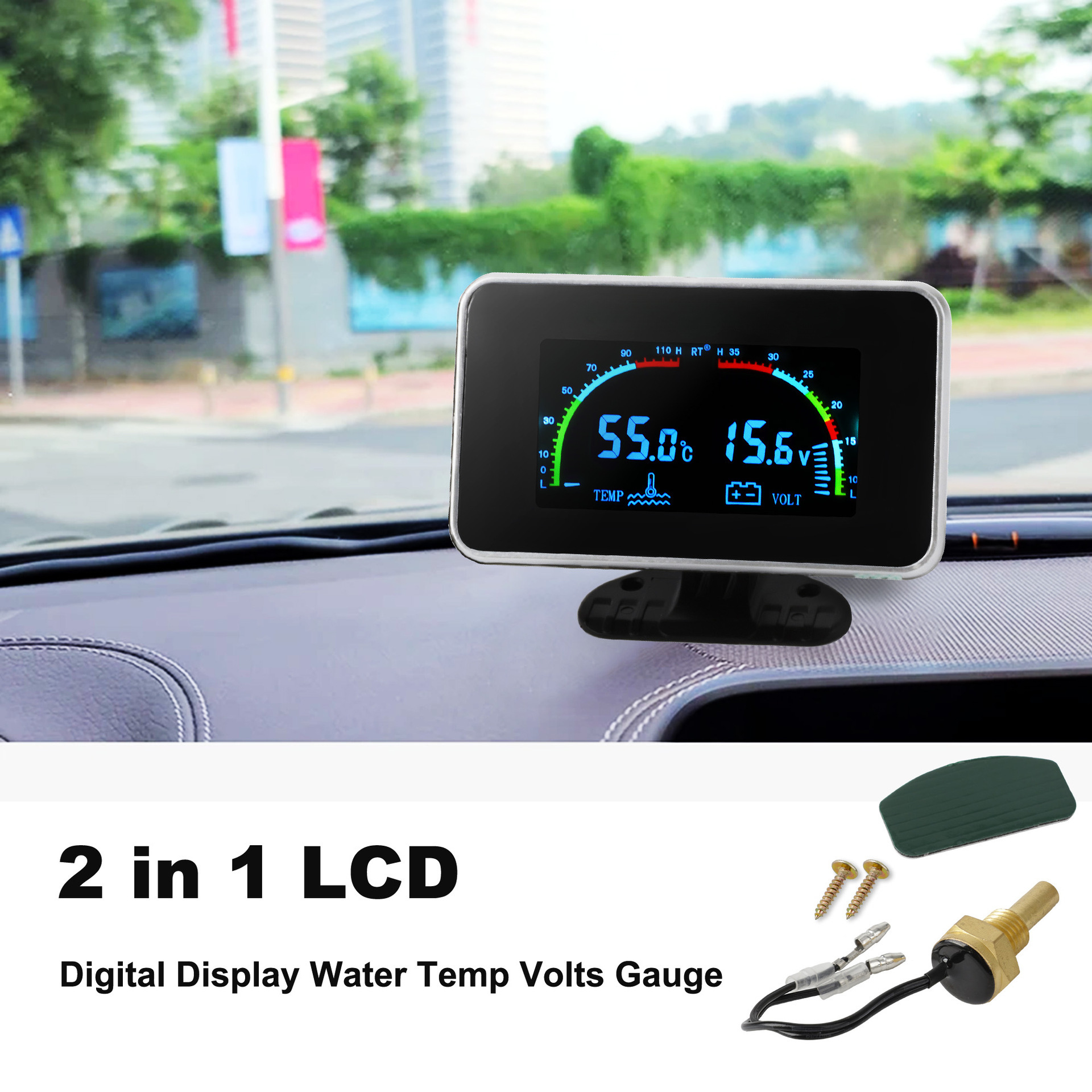 Lcd Display Car Water Temperature and Voltage Two-In-One Combination Meter 12V24V Universal Truck Modification Digital Display Lcd Water Temperature