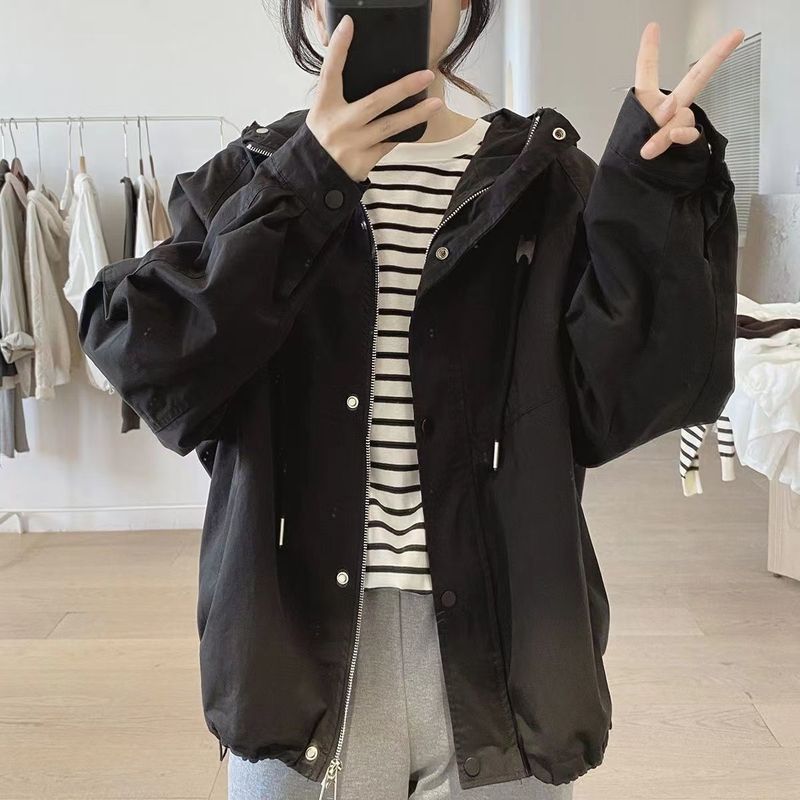 连帽工装外套女式春秋新款宽松复古显瘦连帽简约款插肩袖上衣外套|undefined