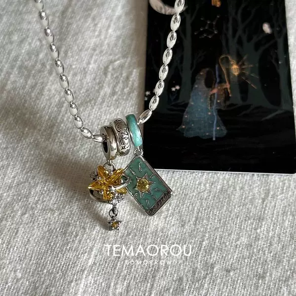 "Shang'An Yinshi Brand" Blue Fine Glitter Oil-Drip Tarot Card Star Pendant Necklace, New Spring/Summer Clavicle Chain