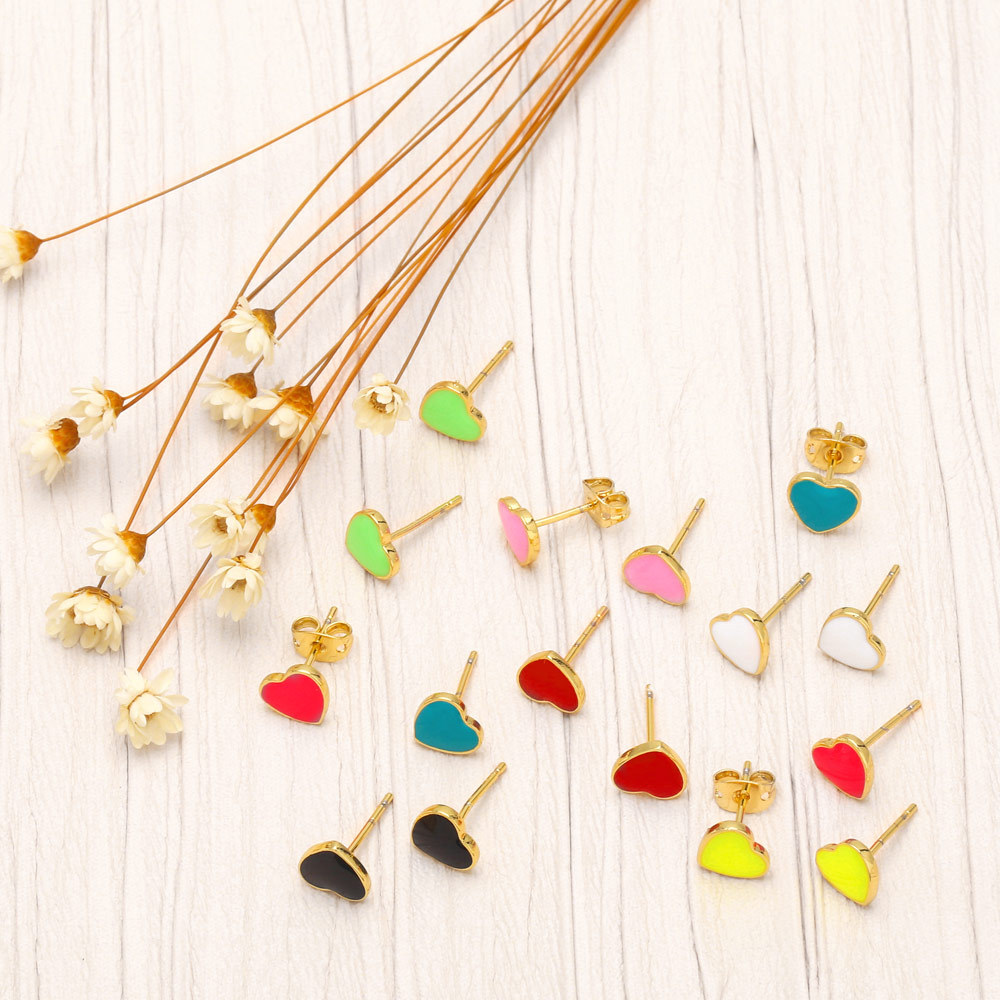 Fashion Heart Shape Copper Ear Studs Enamel Gold Plated Copper Earrings