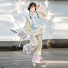 梨落阁原创汉服女清汉女清代印花马甲改良格格服加绒加厚套装秋冬