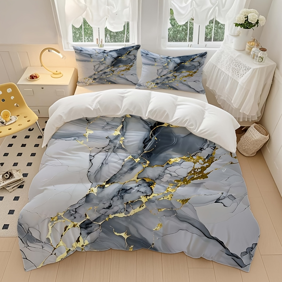 TEMU / JIT negro y blanco textura de mármol molienda impresión digital kit de colcha de tela para el hogar se puede diseñar