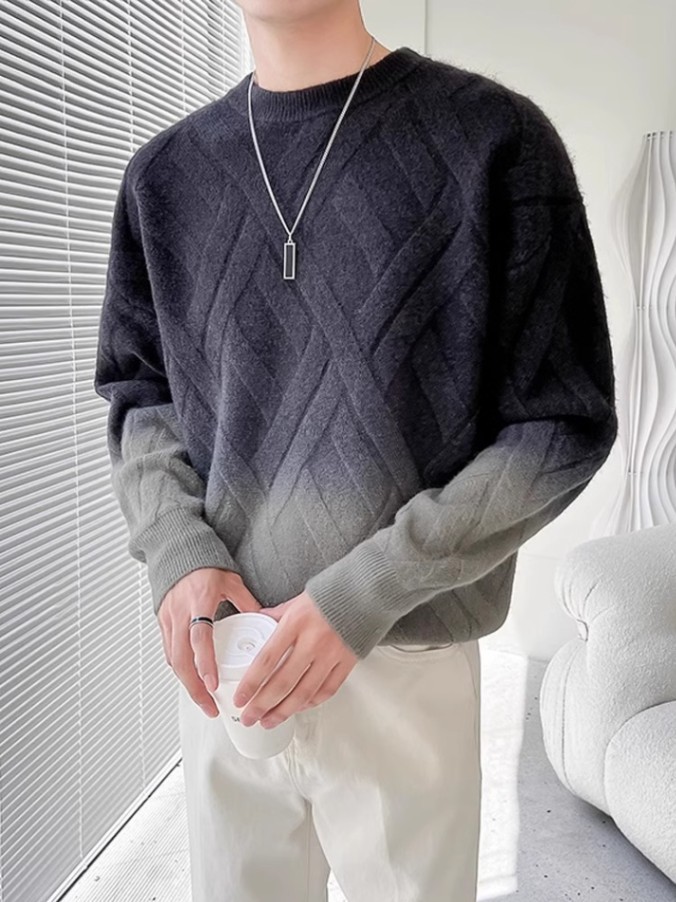 Otoño e invierno casual retro degradado cuello redondo jersey hombres de moda suelto suéter de punto