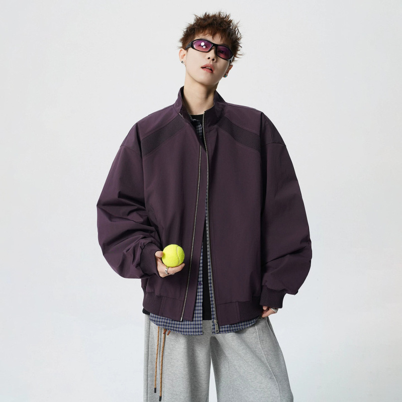 American-Style Trendy Brand Deconstructed Patchwork Stand-Collar Flight Jacket for Men, Autumn High-End Purple Loose Zipper Coat, Plus Size