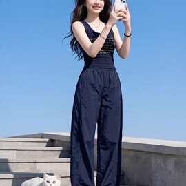 夏季减龄时尚套装女字母印花修身显瘦吊带背心高腰速干裤子两件套