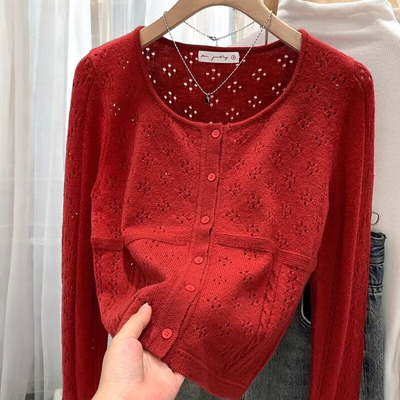 Ankora Red Hong Kong Style Cut Out Knitwear Women's Lazy Style Long-Sleeved Top Foreign Style Spring & Fall Thin Jacket