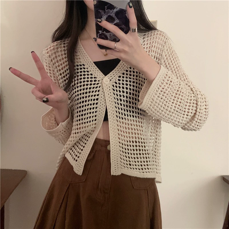 Полый Свитер с V-образным вырезом, женский летний дизайнерский кардиган 2024 года, новая ниша, с длинным рукавом, защитный Топ