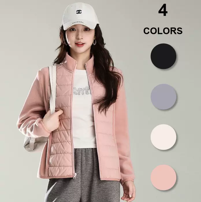 0126仿羽丝棉含羊毛针织拼接立领轻薄短款排骨棉服女防风加绒加厚