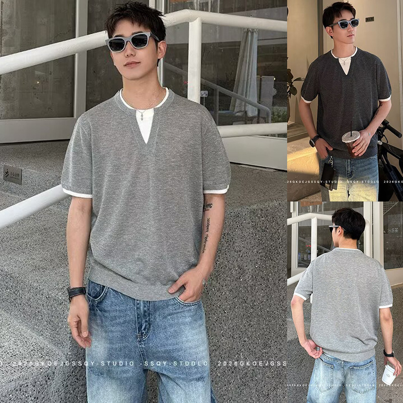 Falsa camiseta de manga corta de dos piezas hombre cuello V cuello redondo viejo viento de negocios camiseta de hielo delgada verano fábrica transfronteriza al por mayor