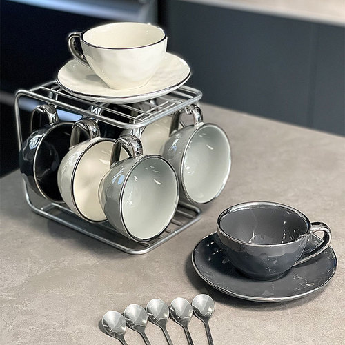 Light luxury coffee cup and saucer ceramic mug underglaze color silver rim coffee cup set exquisite high-looking mug wholesale