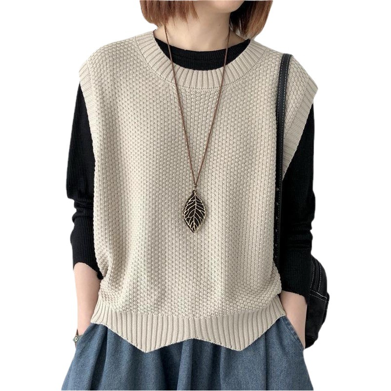Retro Knitted Vest for Women 2026 Spring & Fall New Style Pure Color Loose Round Neck Asymmetrical Pullover Vest Outer Wear
