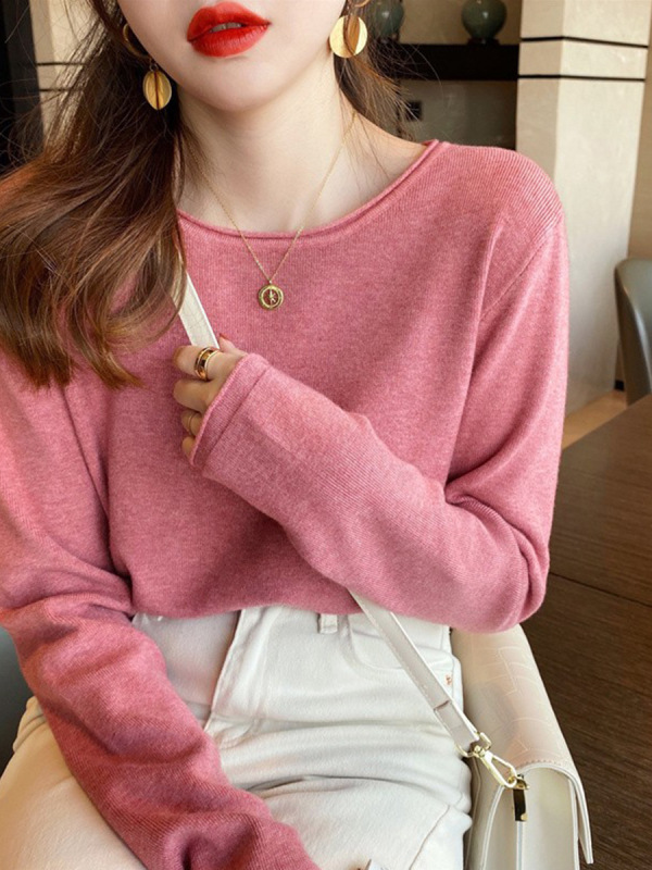 奶油杏圆领高级感针织打底衫女2025秋季修身内搭chic长袖上衣毛衣|undefined