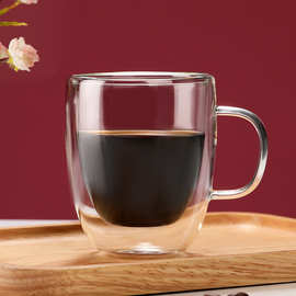 批发双层隔热咖啡杯把手杯子高硼硅玻璃果汁牛奶水杯透明玻璃杯
