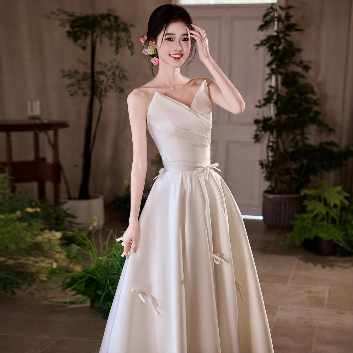 Strapless White Satin Light Wedding Dress 2026 New Style Bride Wedding Engagement Dress Korean Style Outdoor Reception Dress