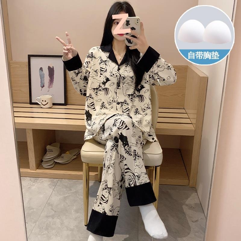 春と秋の女性用パジャマ、胸パッド付き長袖ズボン、膨らみ防止スーツ、冬と夏の女性のかわいい漫画のホーム服|undefined