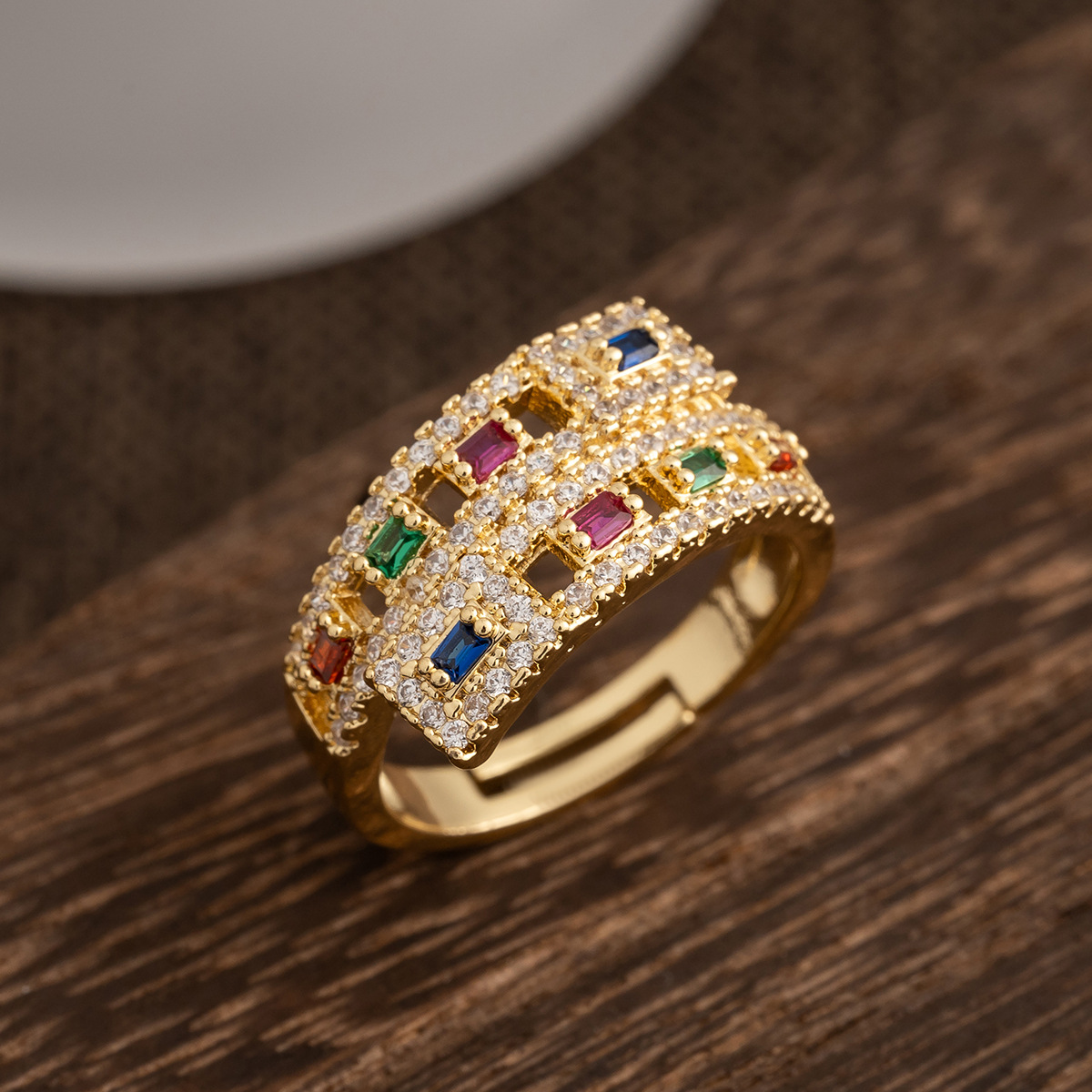 Cross-border new gorgeous wind mixed color zircon women's opening ring 2025 wedding season engagement fashion gold jewelry