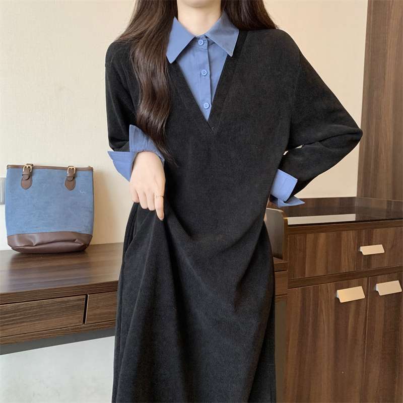 大码设计感假两件连衣裙子女秋冬季微胖mm遮肉显瘦慵懒风撞色长裙|undefined