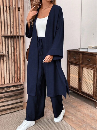 European and American casual suits, spring and autumn long cardigan tops, wide-leg pants, two-piece set, wide-leg slimming