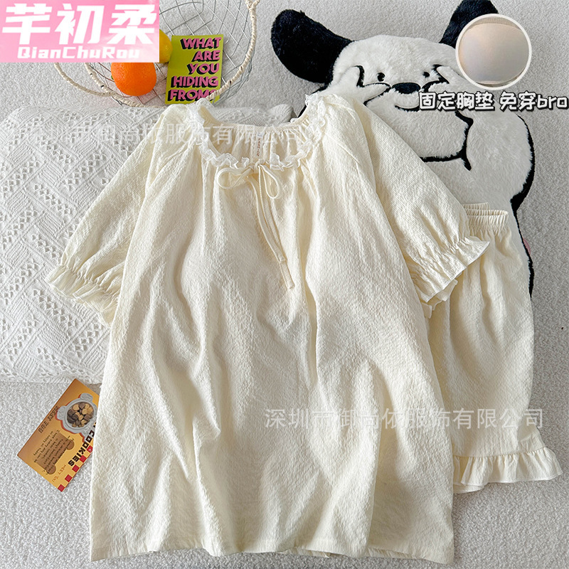 Summer Cloud Cotton Pajamas for Women New Style with Breast Pads, Lace Short-Sleeved Shorts, Casual Simple Home Wear Set Summer Cloud Cotton Pajamas for Women New Style with Breast Pads, Lace Short-Sleeved Shorts, Casual Simple Home Wear Set