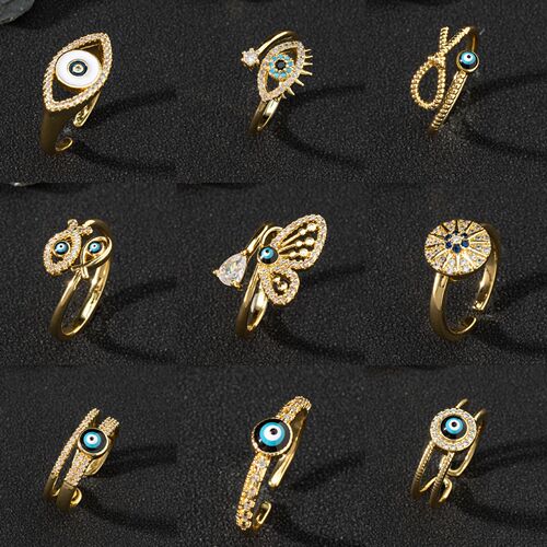 Eurasian cross-border jewelry supply copper zirconia enamel drip oil ring for women evil eye retro tail ring open ring piece
