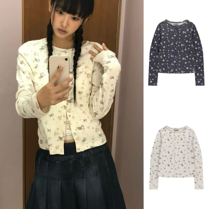 In Stock for Immediate Shipment: Coy* Korean Designer Style, Imported Fabric, Cute Floral Print, Round Neck Knitted Cardigan Top